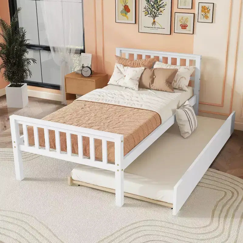 Struttura Letto a Piattaforma Matrimoniale Singola Whisen in Legno con Letto Estraibile, con Testiera e Pediera