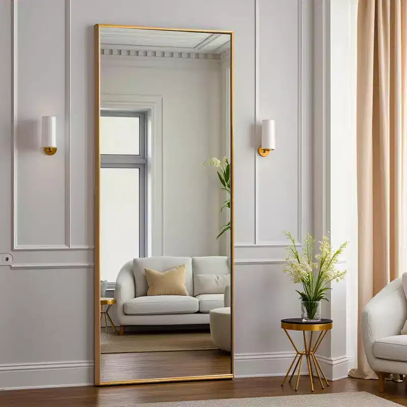 Specchio Rettangolare a Figura Intera con Cornice Sottile in Alluminio Dorato e Supporto