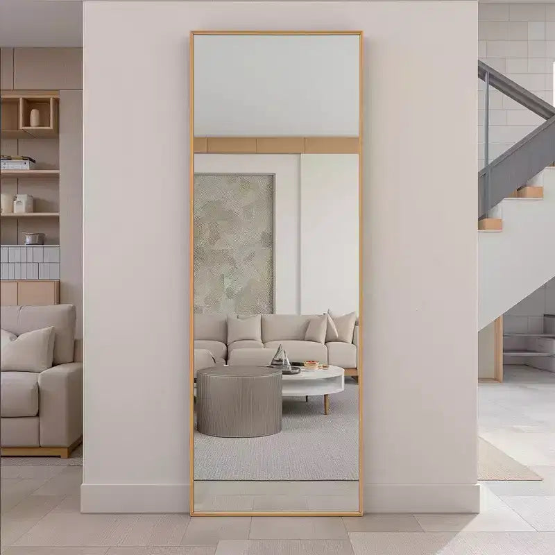 Specchio Rettangolare a Figura Intera con Cornice Sottile in Alluminio Dorato e Supporto