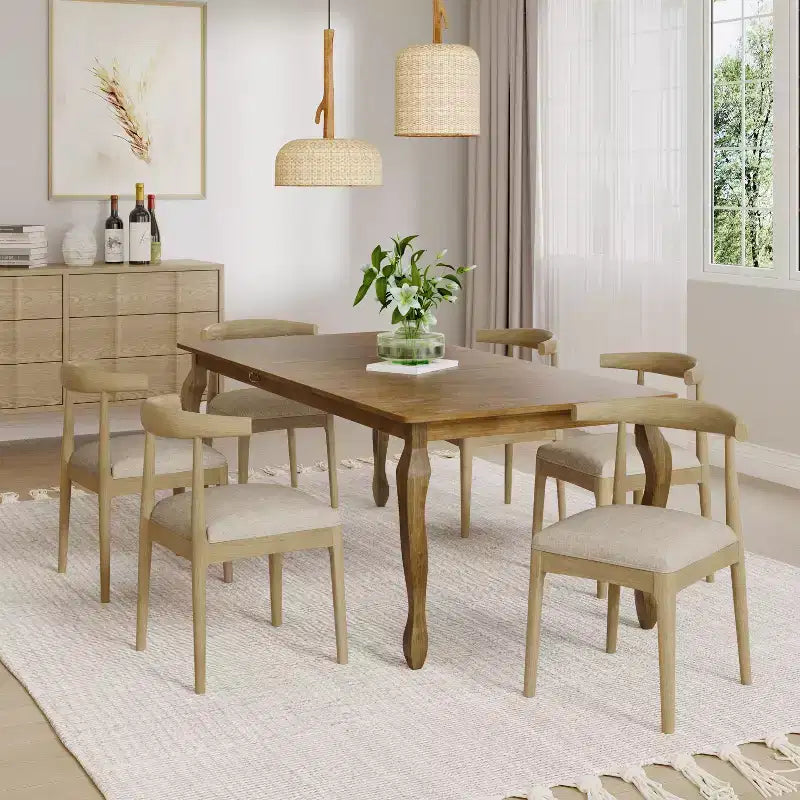 Christopher Knight Home Aubrietta Set da Pranzo 7 Pezzi con Tavolo Estensibile e Sedie Imbottite, Lino/Naturale