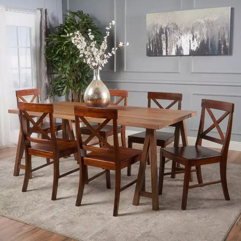 Christopher Knight Home Marseille Set da Pranzo 7 Pezzi in Legno di Acacia Stile Rustico con Sedie Mogano Scuro