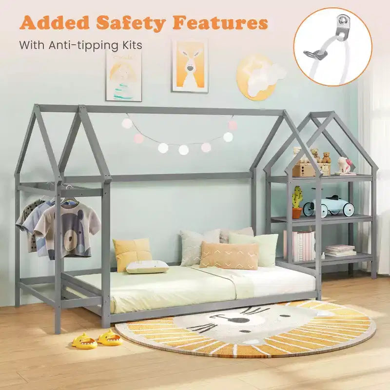 Letto a capanna Costway Twin Size Montessori a pavimento con ripiani rimovibili Grigio/Bianco