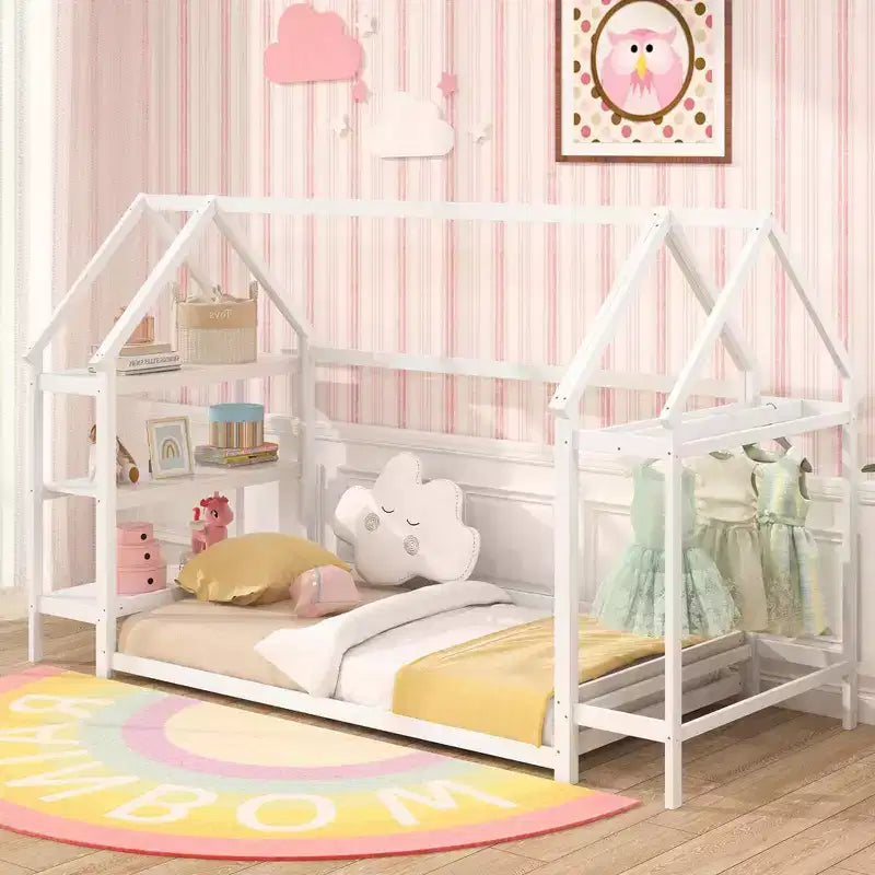 Letto a capanna Costway Twin Size Montessori a pavimento con ripiani rimovibili Grigio/Bianco