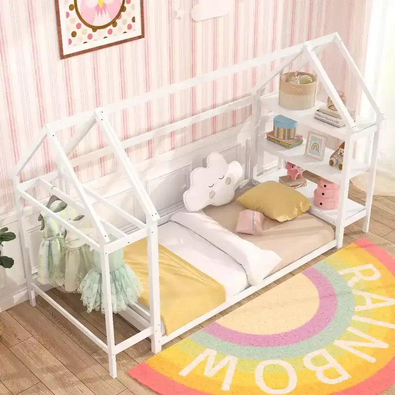 Letto a capanna Costway Twin Size Montessori a pavimento con ripiani rimovibili Grigio/Bianco