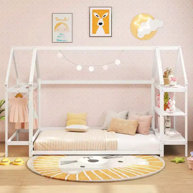 Letto a capanna Costway Twin Size Montessori a pavimento con ripiani rimovibili Grigio/Bianco