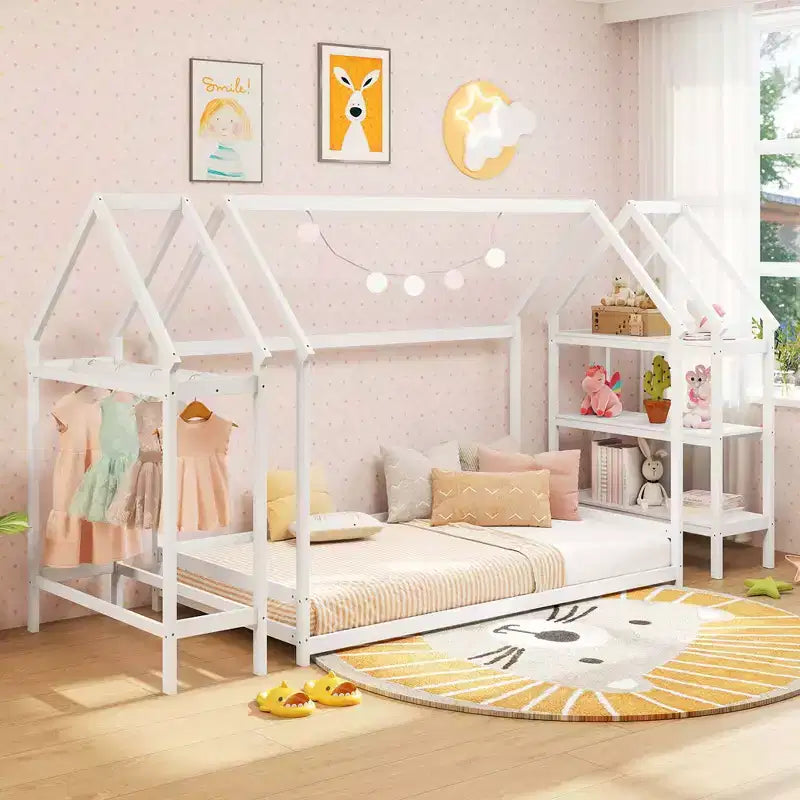 Letto a capanna Costway Twin Size Montessori a pavimento con ripiani rimovibili Grigio/Bianco