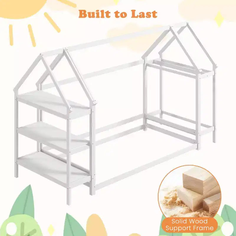 Letto a capanna Costway Twin Size Montessori a pavimento con ripiani rimovibili Grigio/Bianco