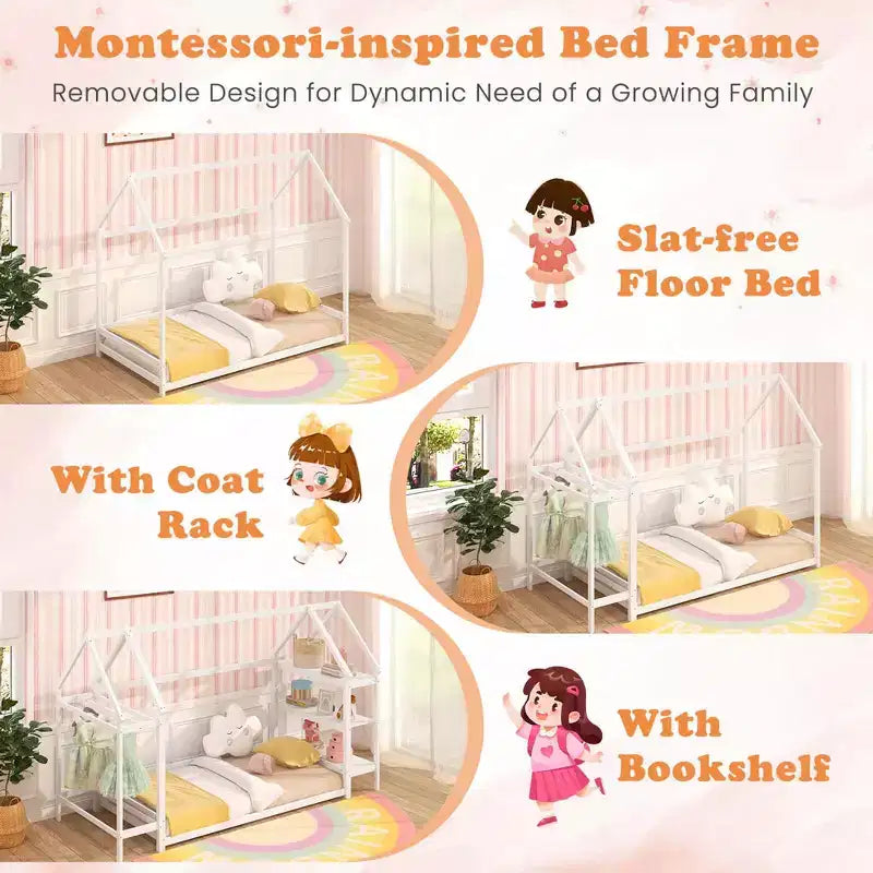 Letto a capanna Costway Twin Size Montessori a pavimento con ripiani rimovibili Grigio/Bianco