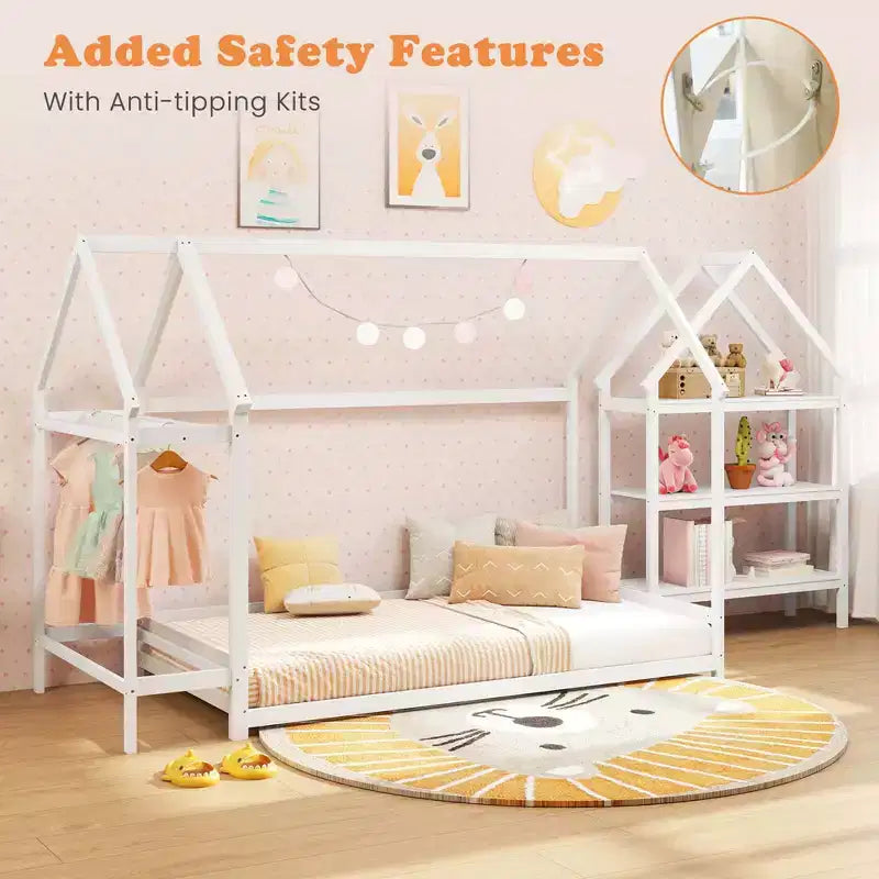 Letto a capanna Costway Twin Size Montessori a pavimento con ripiani rimovibili Grigio/Bianco