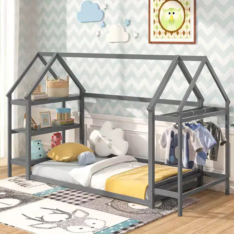 Letto a capanna Costway Twin Size Montessori a pavimento con ripiani rimovibili Grigio/Bianco