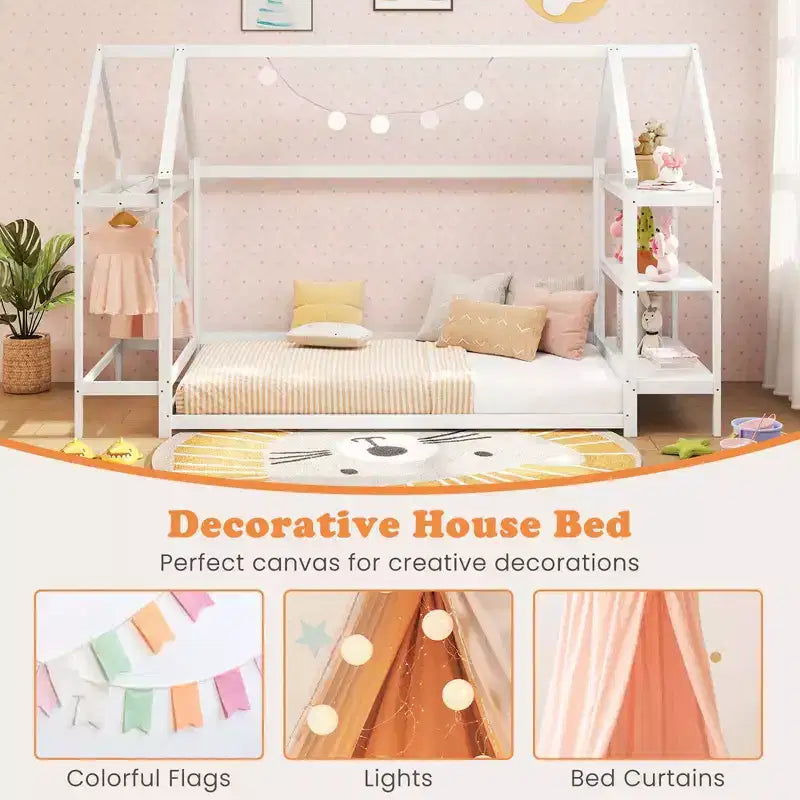 Letto a capanna Costway Twin Size Montessori a pavimento con ripiani rimovibili Grigio/Bianco