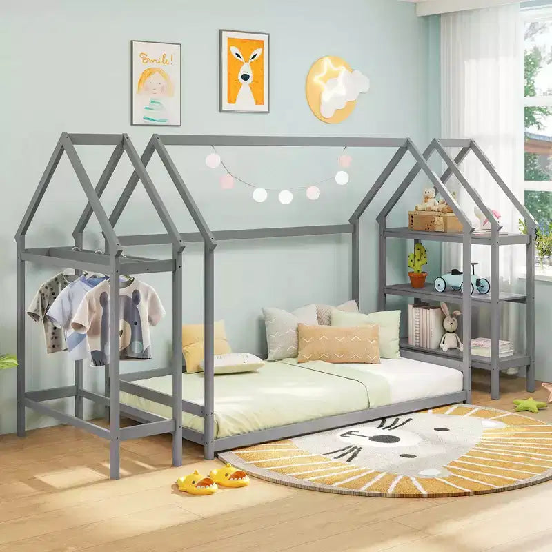 Letto a capanna Costway Twin Size Montessori a pavimento con ripiani rimovibili Grigio/Bianco