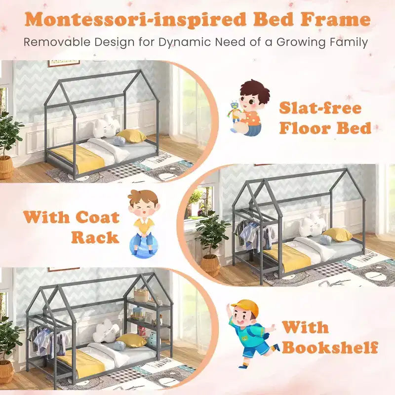 Letto a capanna Costway Twin Size Montessori a pavimento con ripiani rimovibili Grigio/Bianco