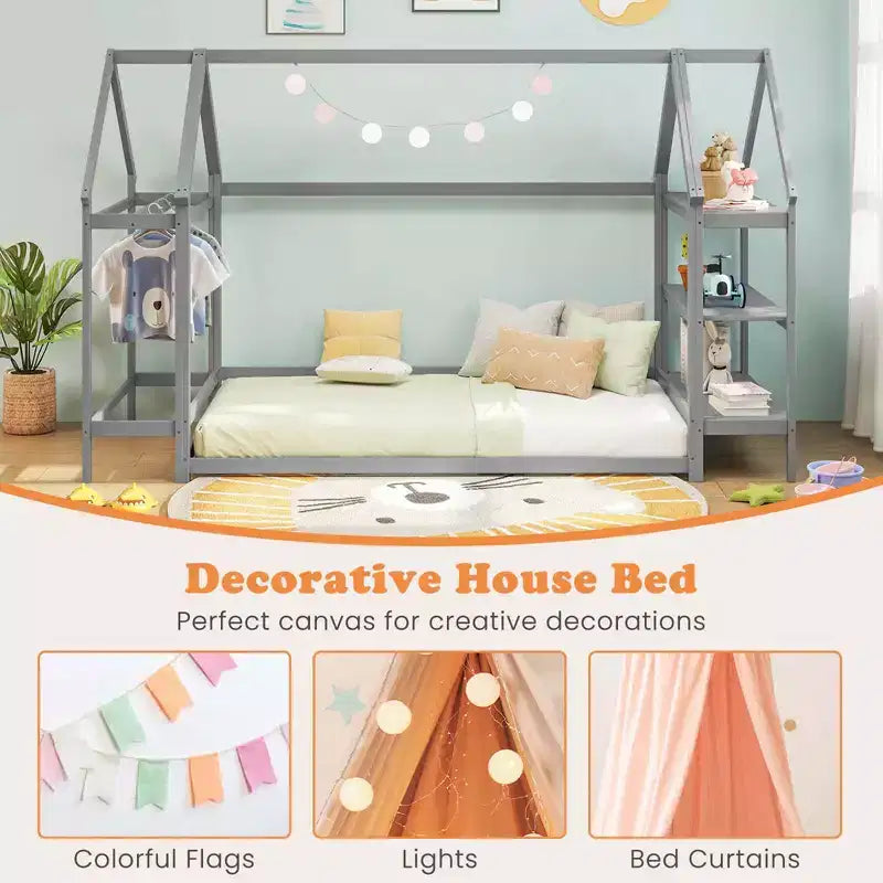Letto a capanna Costway Twin Size Montessori a pavimento con ripiani rimovibili Grigio/Bianco