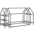 Costway Twin Size House Bed Montessori Floor Bed with Detachable Storage Shelves Gray/White
