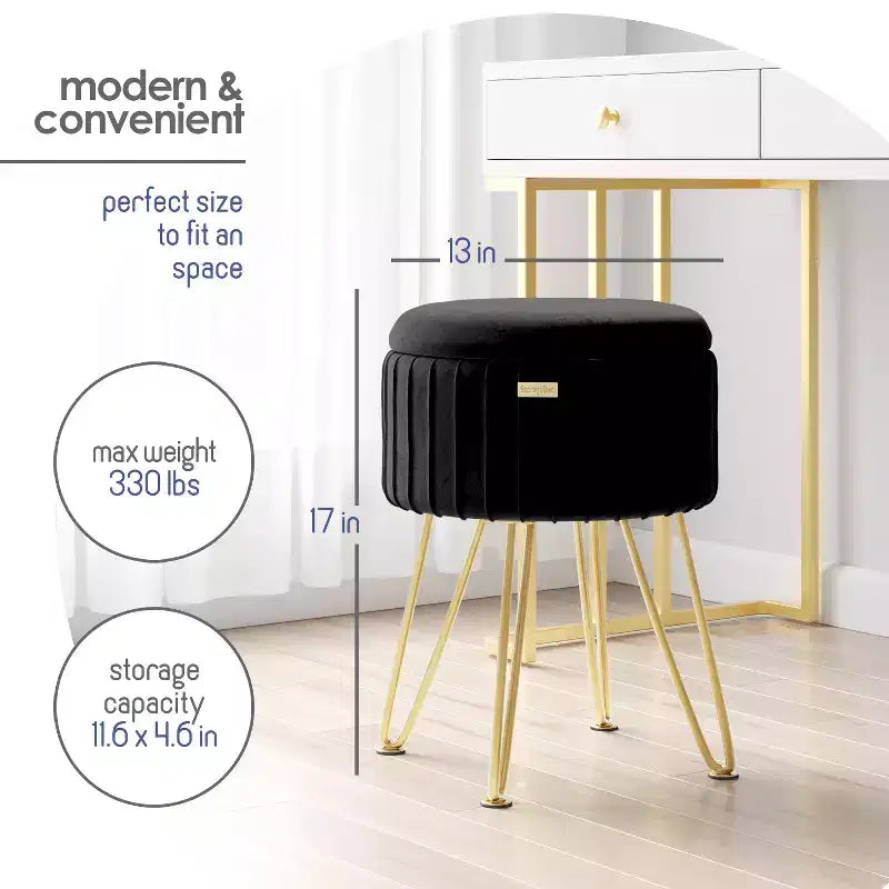 Poggiapiedi contenitore rotondo StorageBud in velluto pieghettato, poggiapiedi con contenitore, poggiapiedi per soggiorno e camera da letto, poggiapiedi moderno