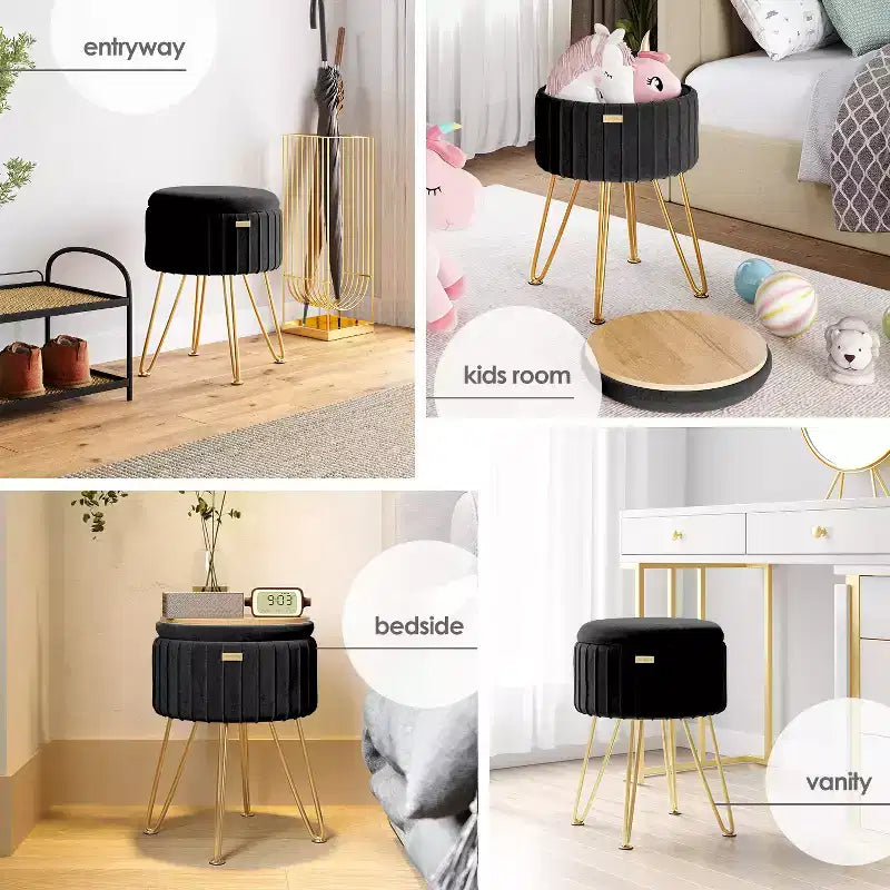 Poggiapiedi contenitore rotondo StorageBud in velluto pieghettato, poggiapiedi con contenitore, poggiapiedi per soggiorno e camera da letto, poggiapiedi moderno