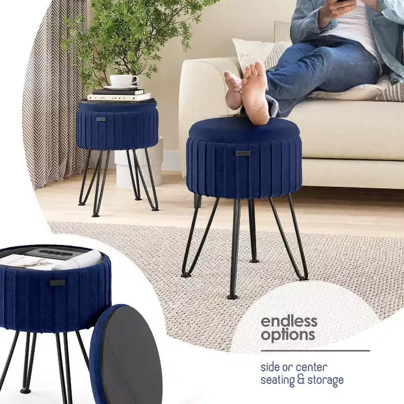 Poggiapiedi contenitore rotondo StorageBud in velluto pieghettato, poggiapiedi con contenitore, poggiapiedi per soggiorno e camera da letto, poggiapiedi moderno