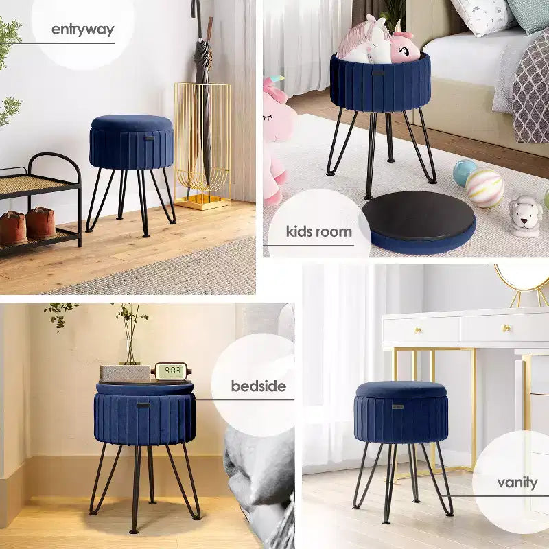 Poggiapiedi contenitore rotondo StorageBud in velluto pieghettato, poggiapiedi con contenitore, poggiapiedi per soggiorno e camera da letto, poggiapiedi moderno