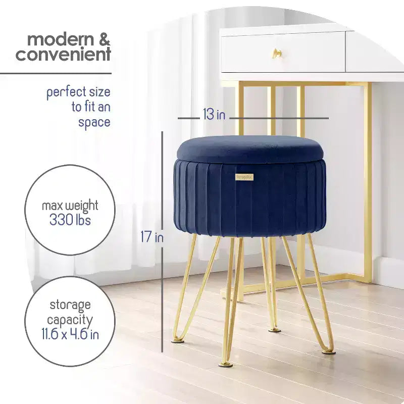 Poggiapiedi contenitore rotondo StorageBud in velluto pieghettato, poggiapiedi con contenitore, poggiapiedi per soggiorno e camera da letto, poggiapiedi moderno