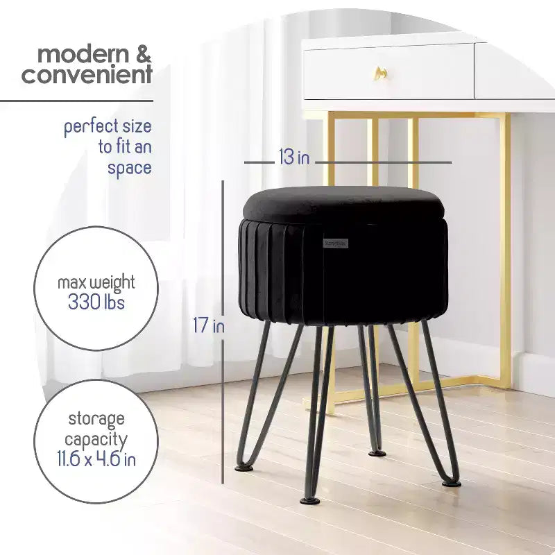 Poggiapiedi contenitore rotondo StorageBud in velluto pieghettato, poggiapiedi con contenitore, poggiapiedi per soggiorno e camera da letto, poggiapiedi moderno