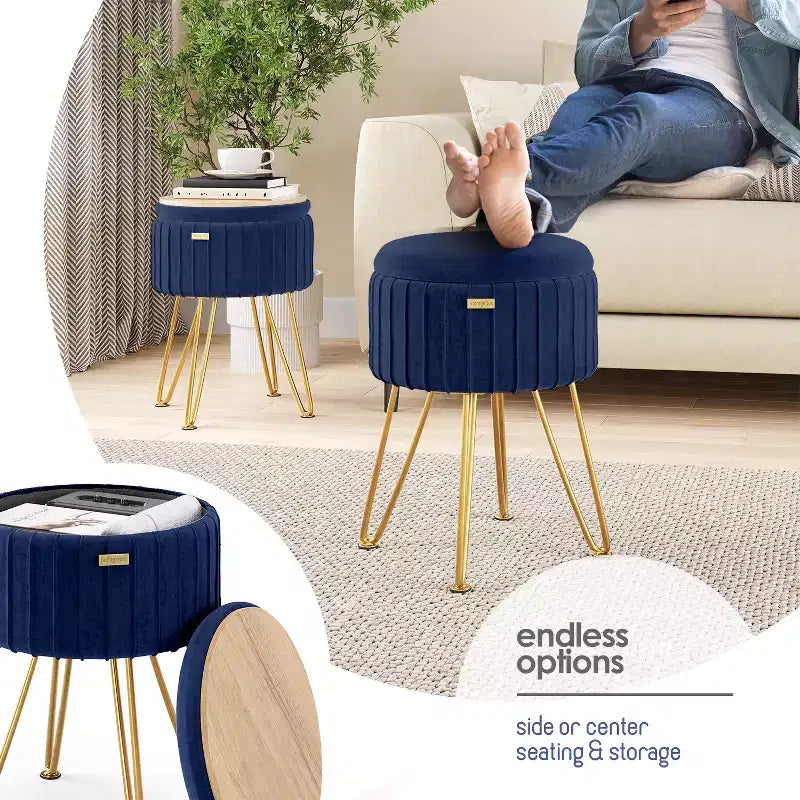 Poggiapiedi contenitore rotondo StorageBud in velluto pieghettato, poggiapiedi con contenitore, poggiapiedi per soggiorno e camera da letto, poggiapiedi moderno
