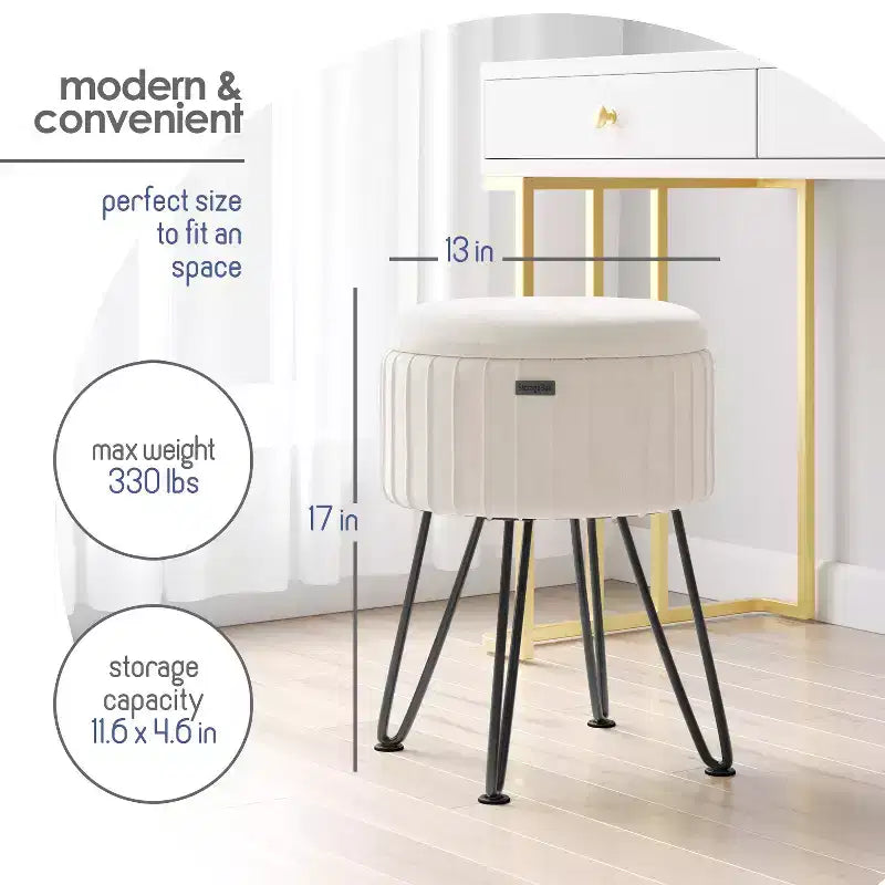 Poggiapiedi contenitore rotondo StorageBud in velluto pieghettato, poggiapiedi con contenitore, poggiapiedi per soggiorno e camera da letto, poggiapiedi moderno