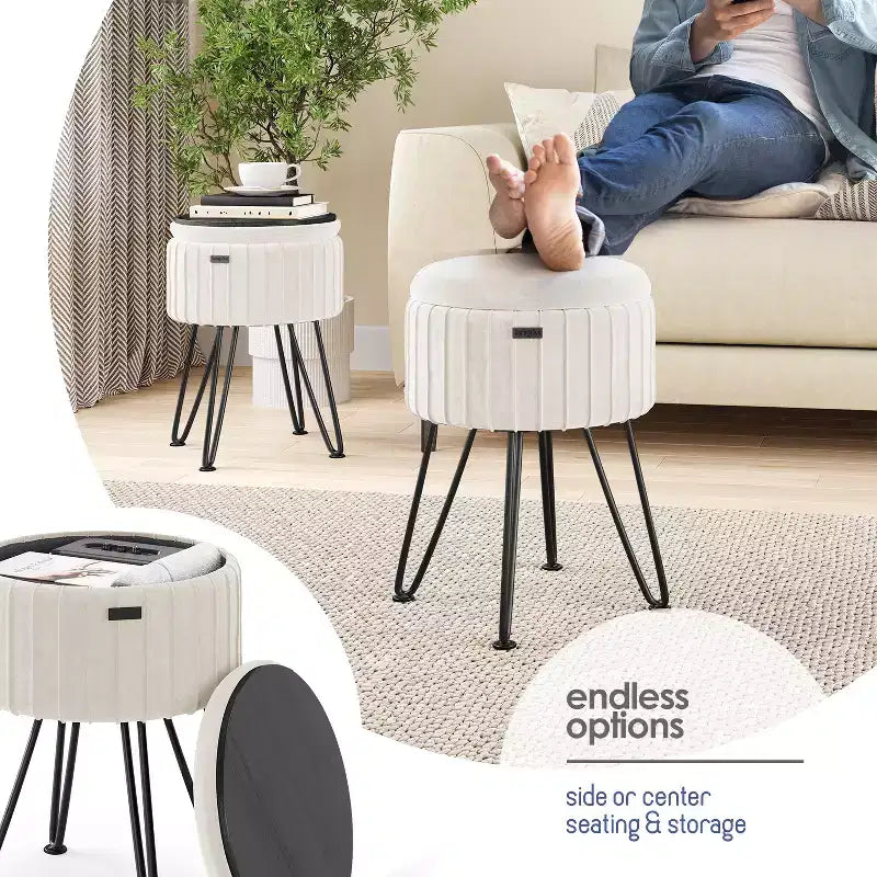 Poggiapiedi contenitore rotondo StorageBud in velluto pieghettato, poggiapiedi con contenitore, poggiapiedi per soggiorno e camera da letto, poggiapiedi moderno