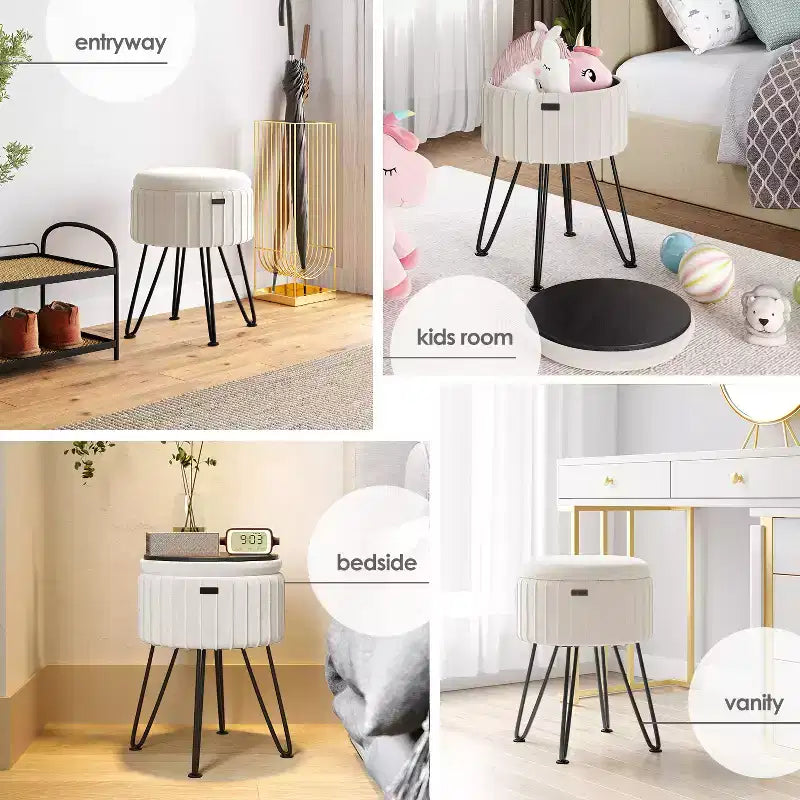 Poggiapiedi contenitore rotondo StorageBud in velluto pieghettato, poggiapiedi con contenitore, poggiapiedi per soggiorno e camera da letto, poggiapiedi moderno
