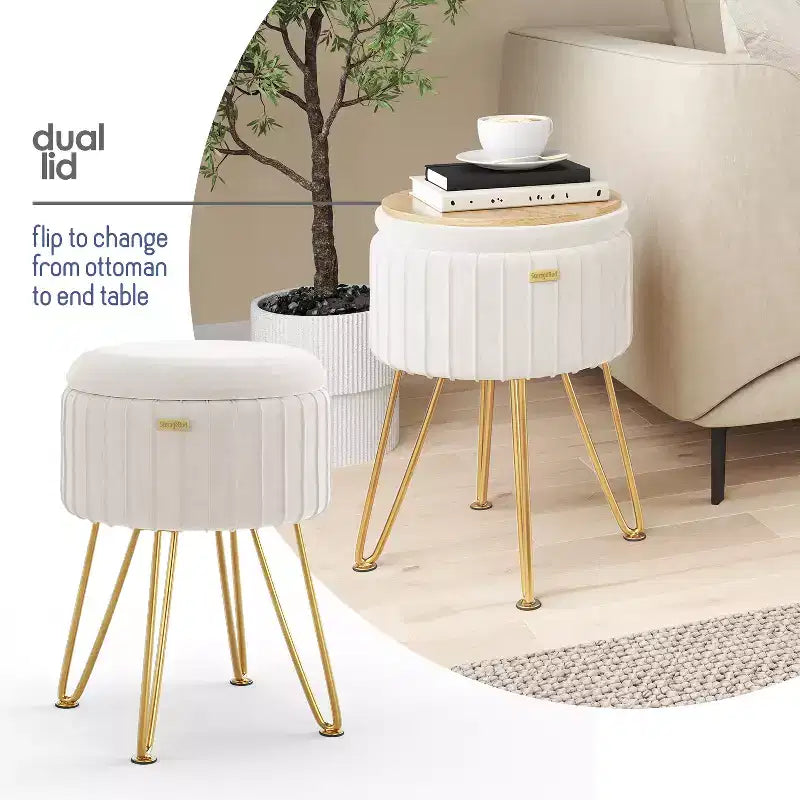 Poggiapiedi contenitore rotondo StorageBud in velluto pieghettato, poggiapiedi con contenitore, poggiapiedi per soggiorno e camera da letto, poggiapiedi moderno