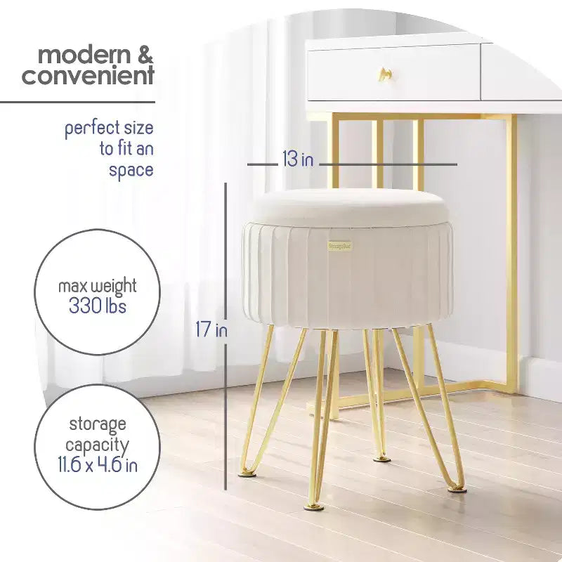Poggiapiedi contenitore rotondo StorageBud in velluto pieghettato, poggiapiedi con contenitore, poggiapiedi per soggiorno e camera da letto, poggiapiedi moderno