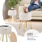 Poggiapiedi contenitore rotondo StorageBud in velluto pieghettato, poggiapiedi con contenitore, poggiapiedi per soggiorno e camera da letto, poggiapiedi moderno