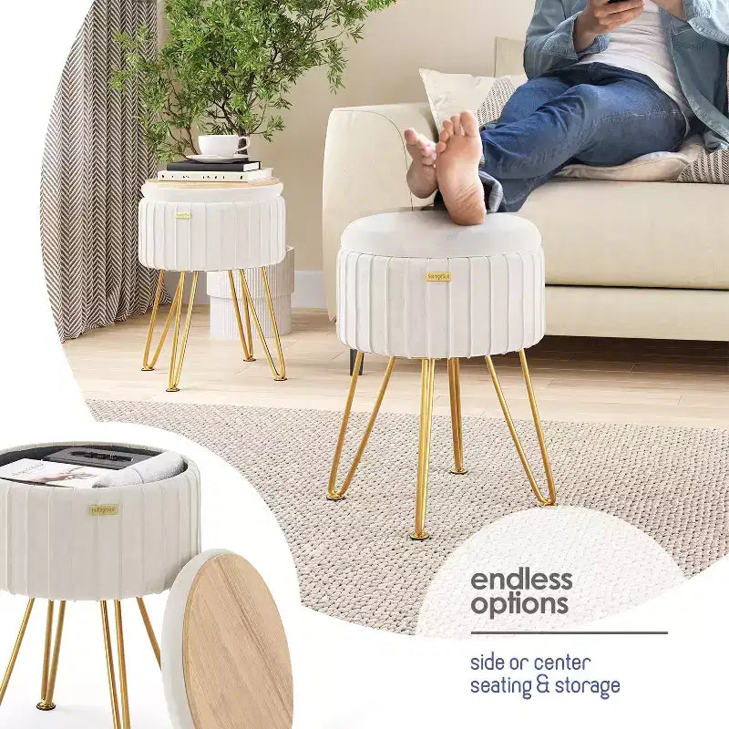 Poggiapiedi contenitore rotondo StorageBud in velluto pieghettato, poggiapiedi con contenitore, poggiapiedi per soggiorno e camera da letto, poggiapiedi moderno