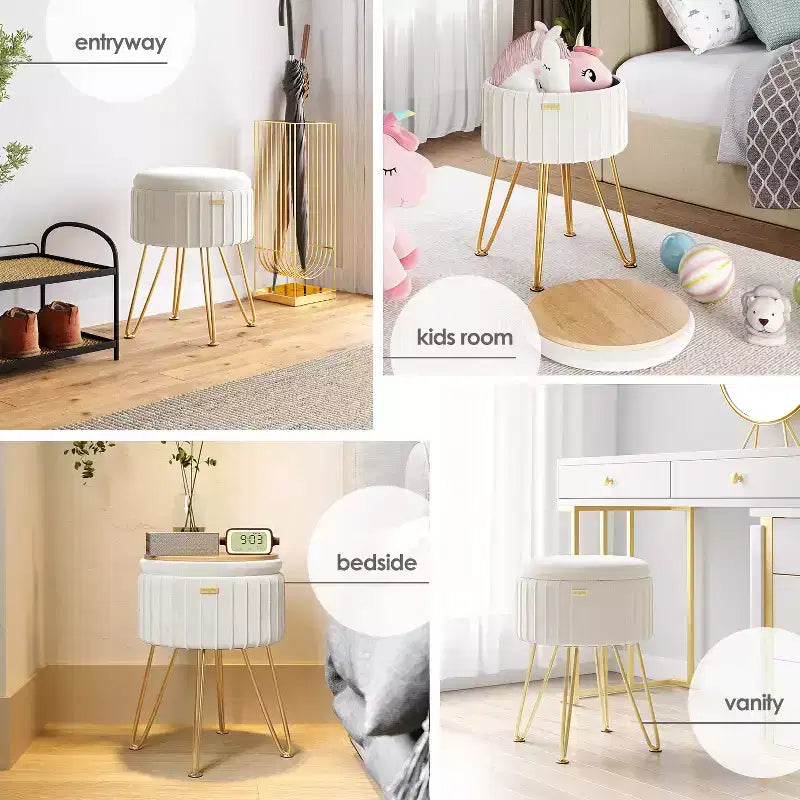 Poggiapiedi contenitore rotondo StorageBud in velluto pieghettato, poggiapiedi con contenitore, poggiapiedi per soggiorno e camera da letto, poggiapiedi moderno