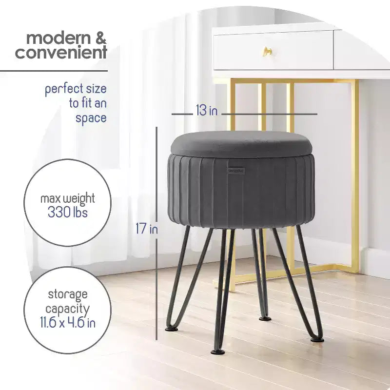 Poggiapiedi contenitore rotondo StorageBud in velluto pieghettato, poggiapiedi con contenitore, poggiapiedi per soggiorno e camera da letto, poggiapiedi moderno