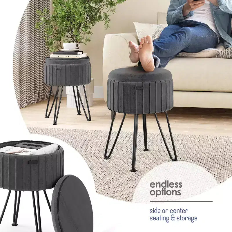 Poggiapiedi contenitore rotondo StorageBud in velluto pieghettato, poggiapiedi con contenitore, poggiapiedi per soggiorno e camera da letto, poggiapiedi moderno