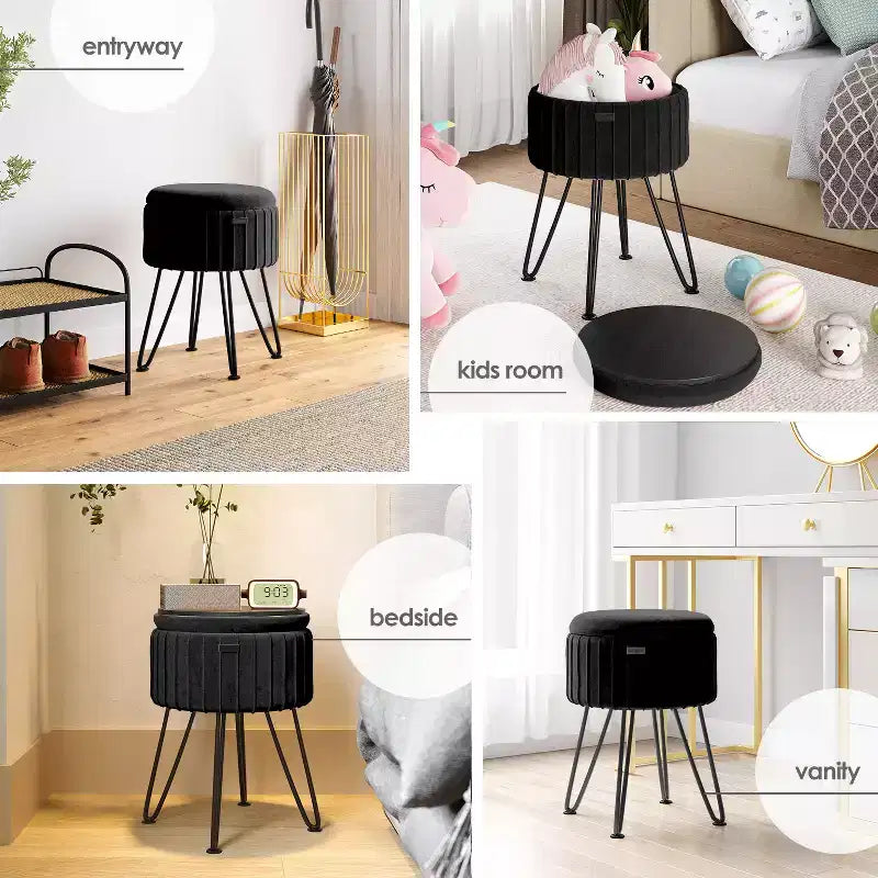 Poggiapiedi contenitore rotondo StorageBud in velluto pieghettato, poggiapiedi con contenitore, poggiapiedi per soggiorno e camera da letto, poggiapiedi moderno