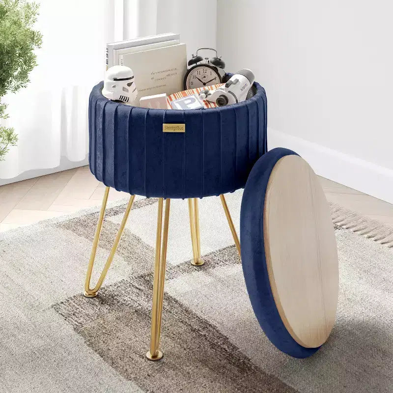 Poggiapiedi contenitore rotondo StorageBud in velluto pieghettato, poggiapiedi con contenitore, poggiapiedi per soggiorno e camera da letto, poggiapiedi moderno