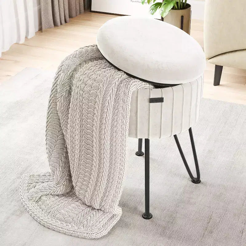 Poggiapiedi contenitore rotondo StorageBud in velluto pieghettato, poggiapiedi con contenitore, poggiapiedi per soggiorno e camera da letto, poggiapiedi moderno