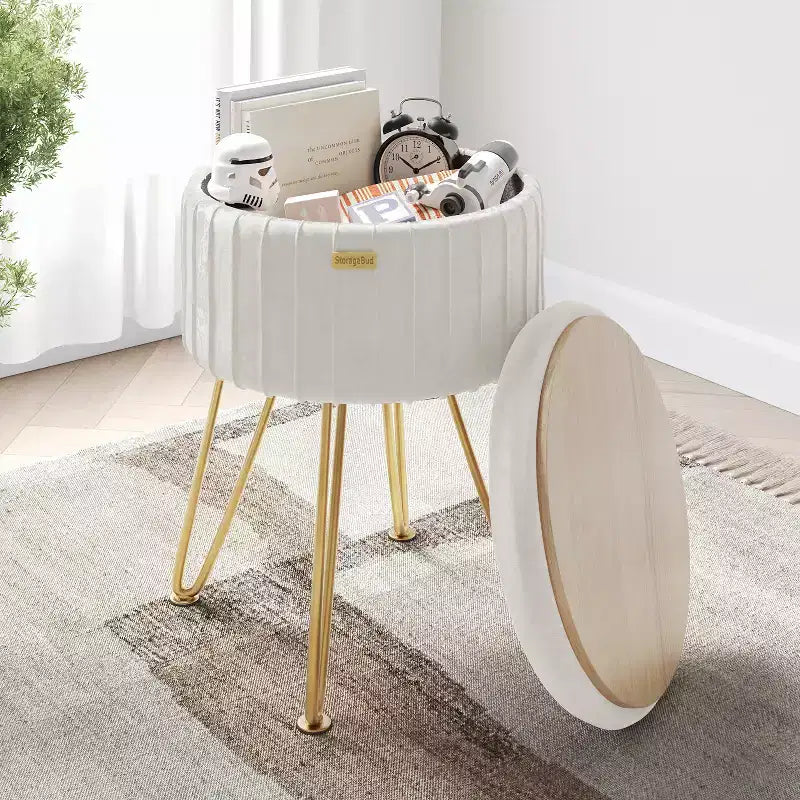Poggiapiedi contenitore rotondo StorageBud in velluto pieghettato, poggiapiedi con contenitore, poggiapiedi per soggiorno e camera da letto, poggiapiedi moderno