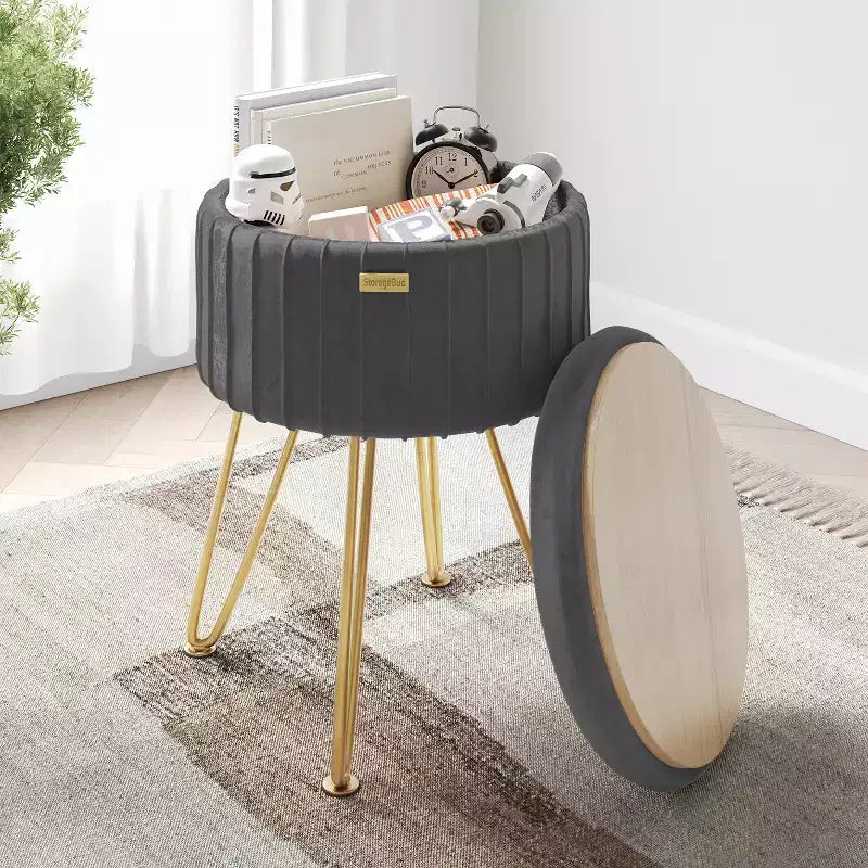 Poggiapiedi contenitore rotondo StorageBud in velluto pieghettato, poggiapiedi con contenitore, poggiapiedi per soggiorno e camera da letto, poggiapiedi moderno