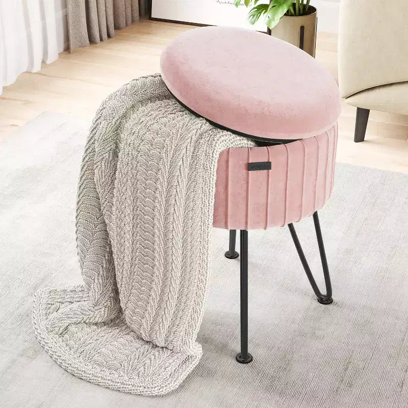 Poggiapiedi contenitore rotondo StorageBud in velluto pieghettato, poggiapiedi con contenitore, poggiapiedi per soggiorno e camera da letto, poggiapiedi moderno