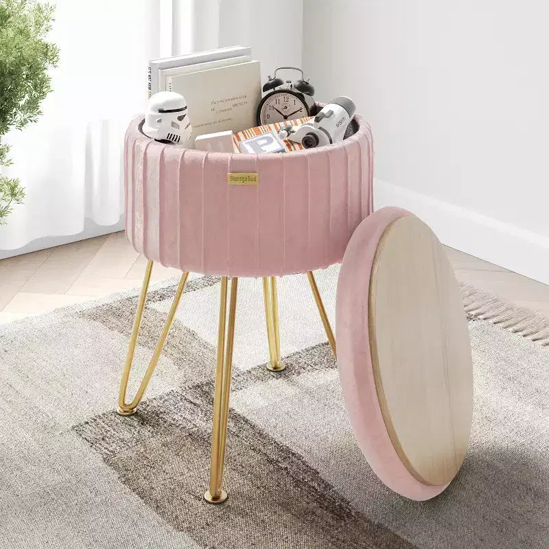Poggiapiedi contenitore rotondo StorageBud in velluto pieghettato, poggiapiedi con contenitore, poggiapiedi per soggiorno e camera da letto, poggiapiedi moderno