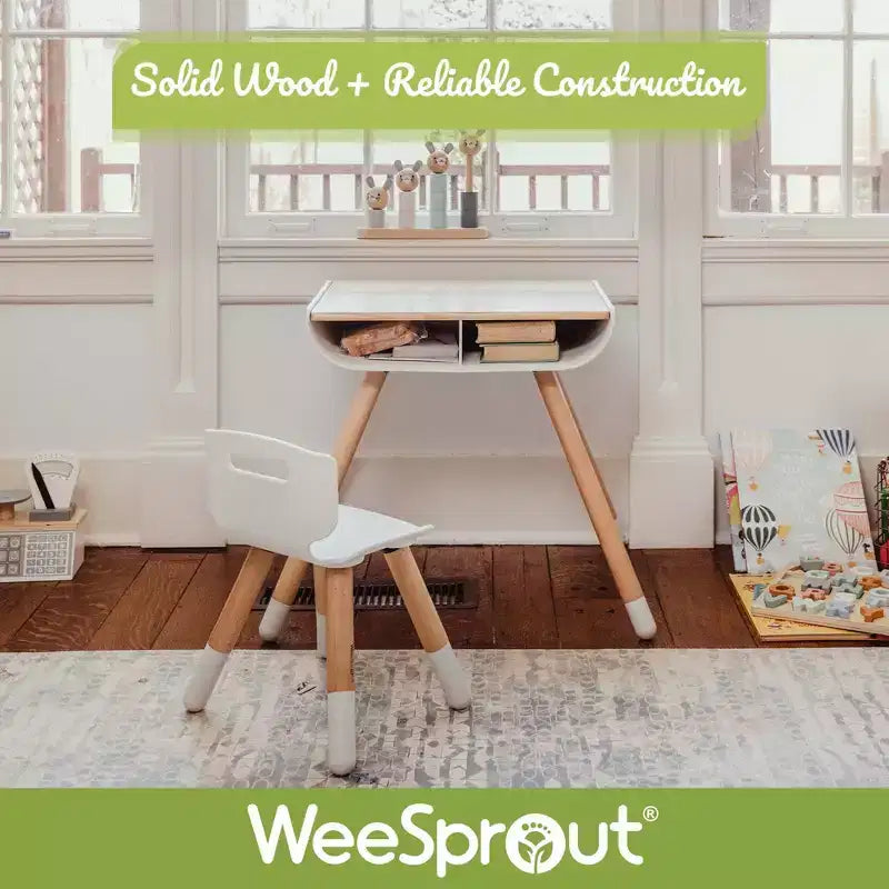 WeeSprout Set Scrivania e Sedia per Bambini, Robuste Gambe e Superficie della Scrivania in Legno Massello, Altezza Regolabile