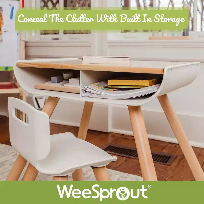 WeeSprout Set Scrivania e Sedia per Bambini, Robuste Gambe e Superficie della Scrivania in Legno Massello, Altezza Regolabile