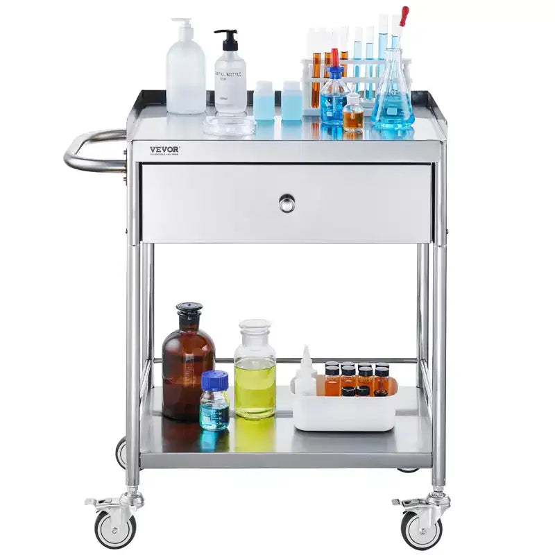 Carrello medico VEVOR, carrello a 2 ripiani in acciaio inox con capacità di carico di 100 kg, carrello di servizio da laboratorio con ruote silenziose a 360° e cassetto