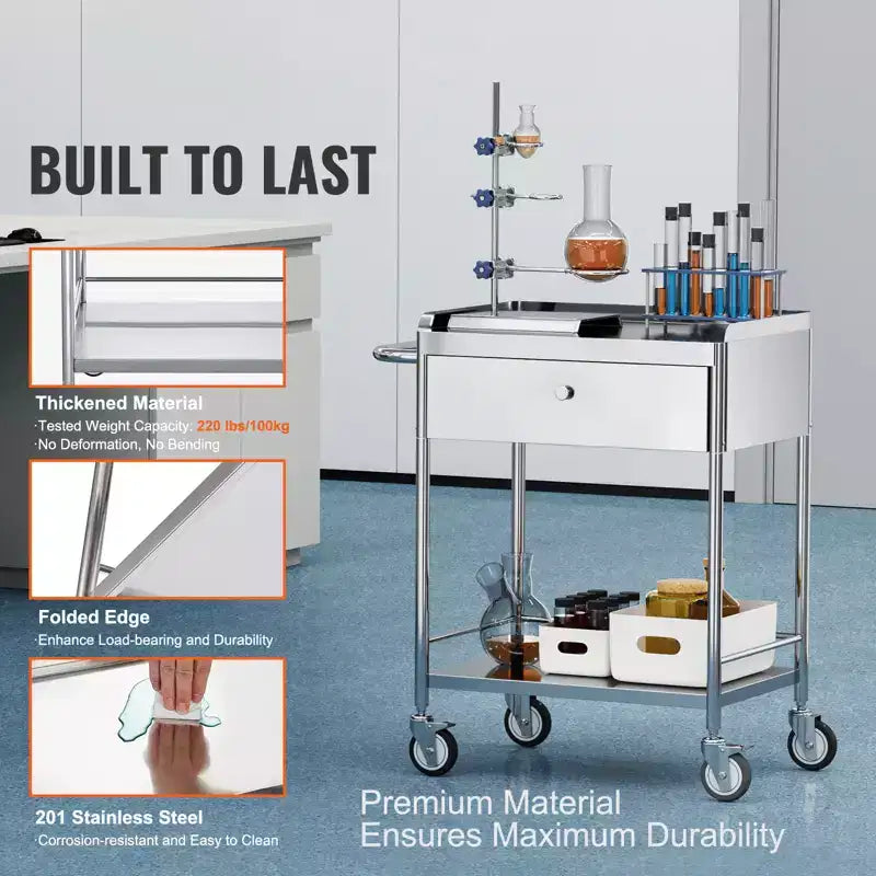 Carrello medico VEVOR, carrello a 2 ripiani in acciaio inox con capacità di carico di 100 kg, carrello di servizio da laboratorio con ruote silenziose a 360° e cassetto