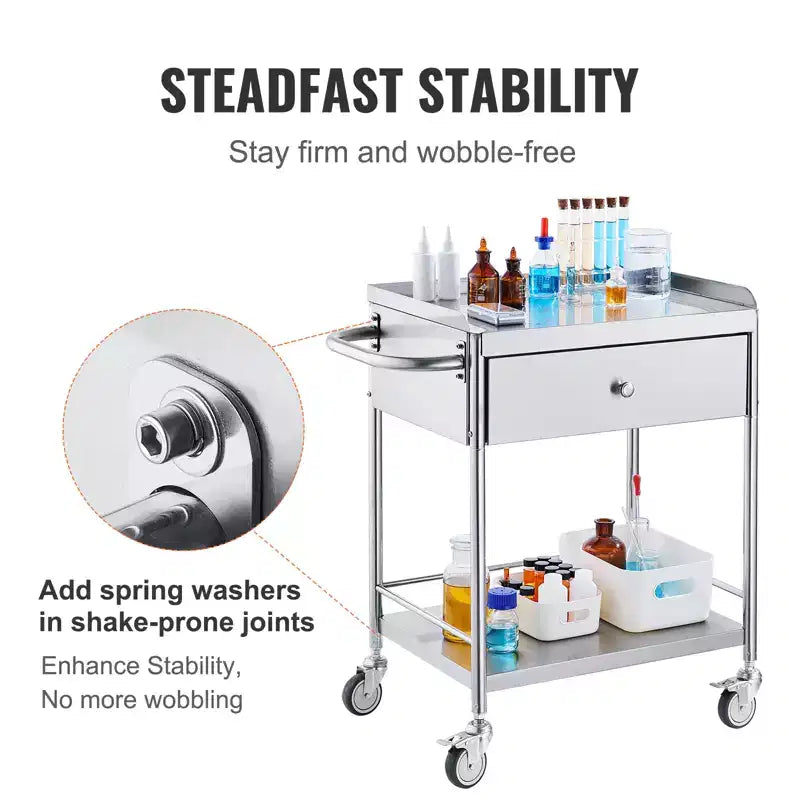 Carrello medico VEVOR, carrello a 2 ripiani in acciaio inox con capacità di carico di 100 kg, carrello di servizio da laboratorio con ruote silenziose a 360° e cassetto