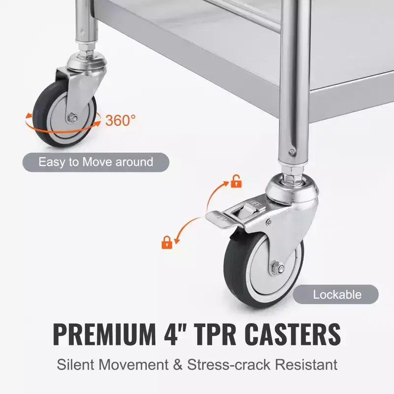 Carrello medico VEVOR, carrello a 2 ripiani in acciaio inox con capacità di carico di 100 kg, carrello di servizio da laboratorio con ruote silenziose a 360° e cassetto