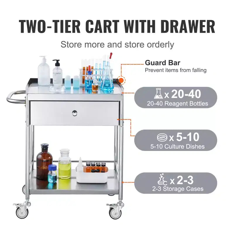 Carrello medico VEVOR, carrello a 2 ripiani in acciaio inox con capacità di carico di 100 kg, carrello di servizio da laboratorio con ruote silenziose a 360° e cassetto